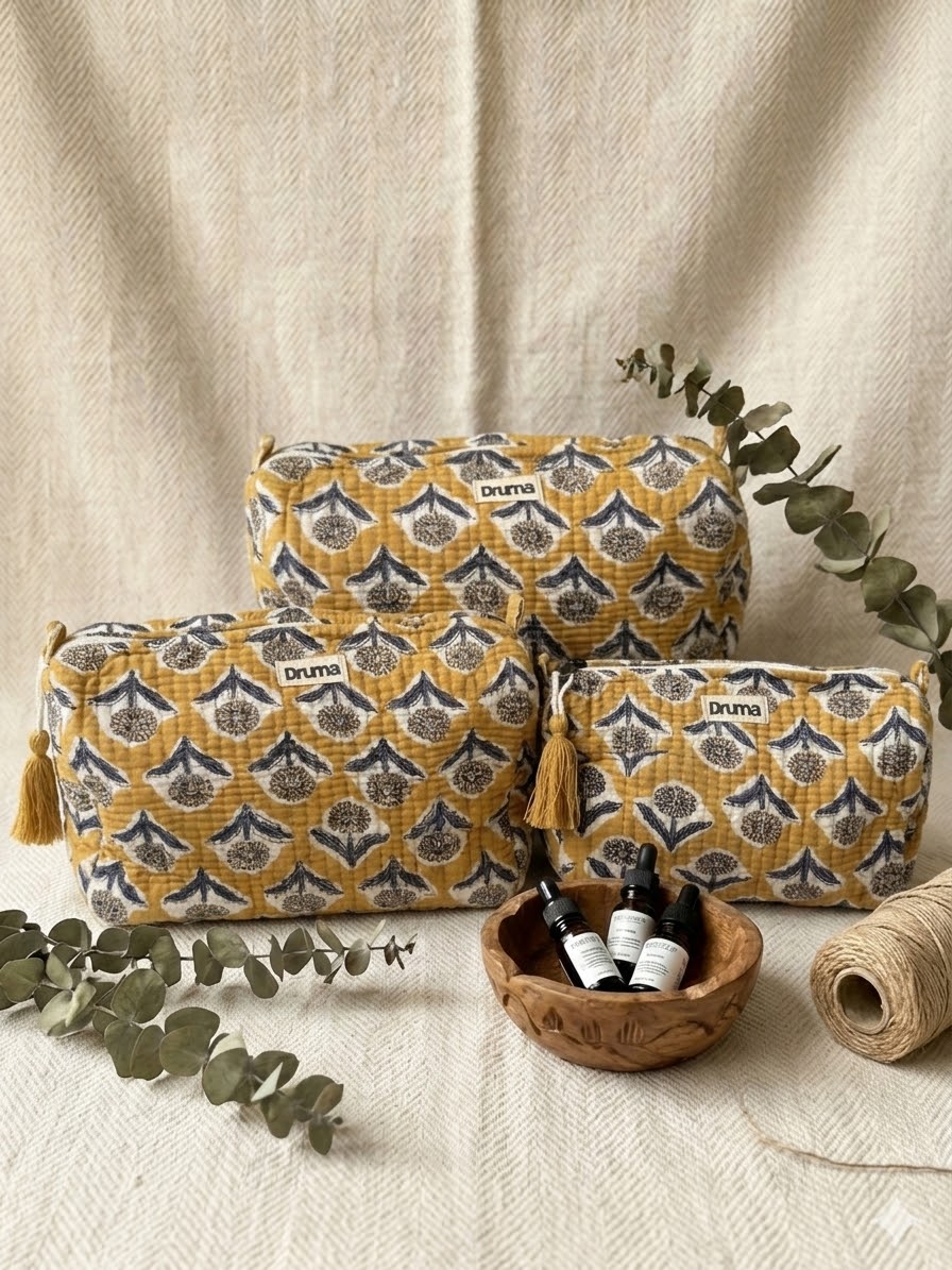 Handblock Printed Quilted Cotton Cosmetic Bag Set : Bagh | Travel Pouch & Toiletry Organizer (Set of 3)