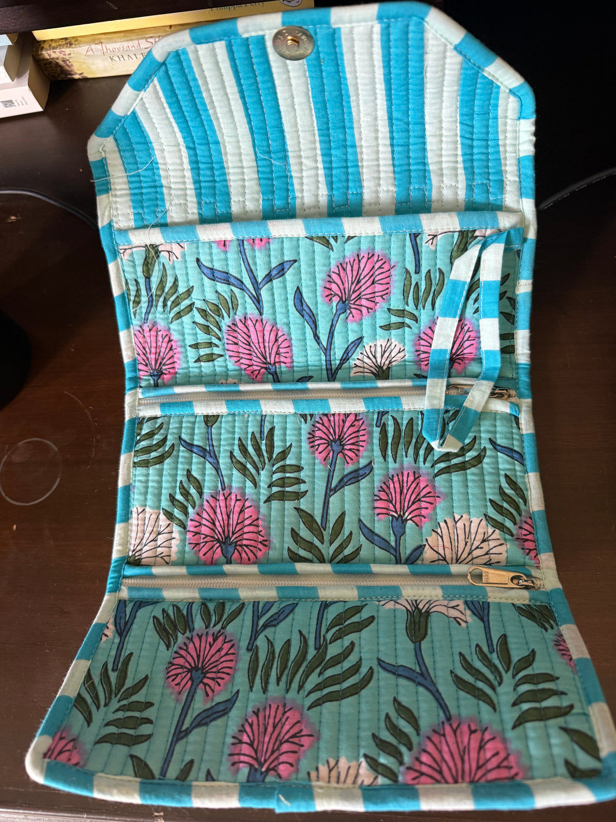 Quilted Cotton Wristlet Clutch | Block Print Floral  | Handmade Boho Bag - Purple Garden