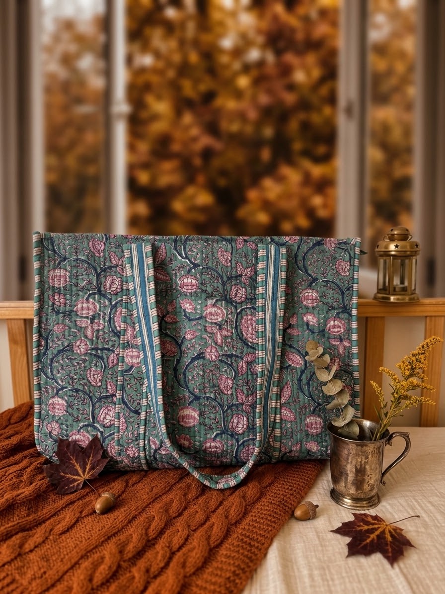 Aquamarine Dream — Handblock Quilted Tote