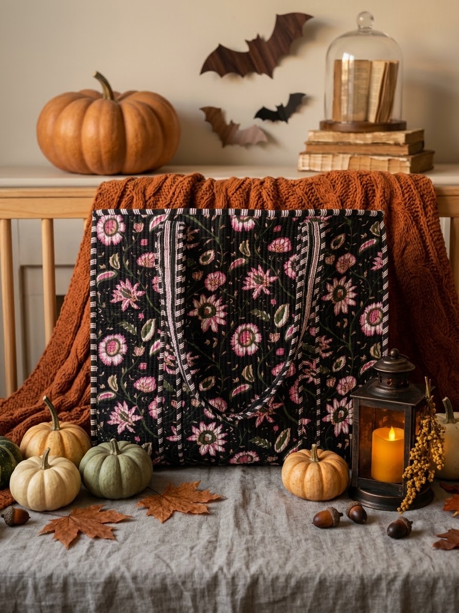 Monochrome Bloom — Handblock Quilted Tote