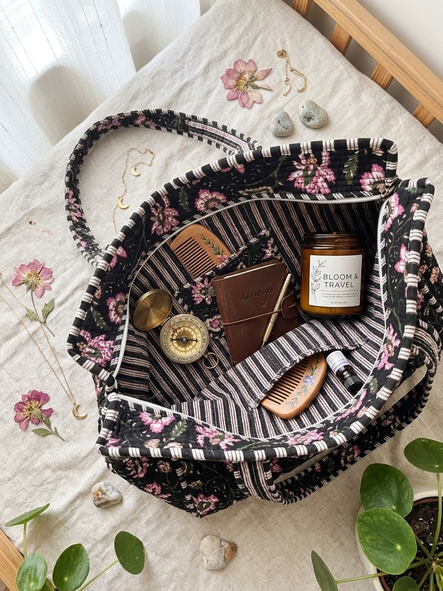 Monochrome Bloom — Handblock Quilted Tote