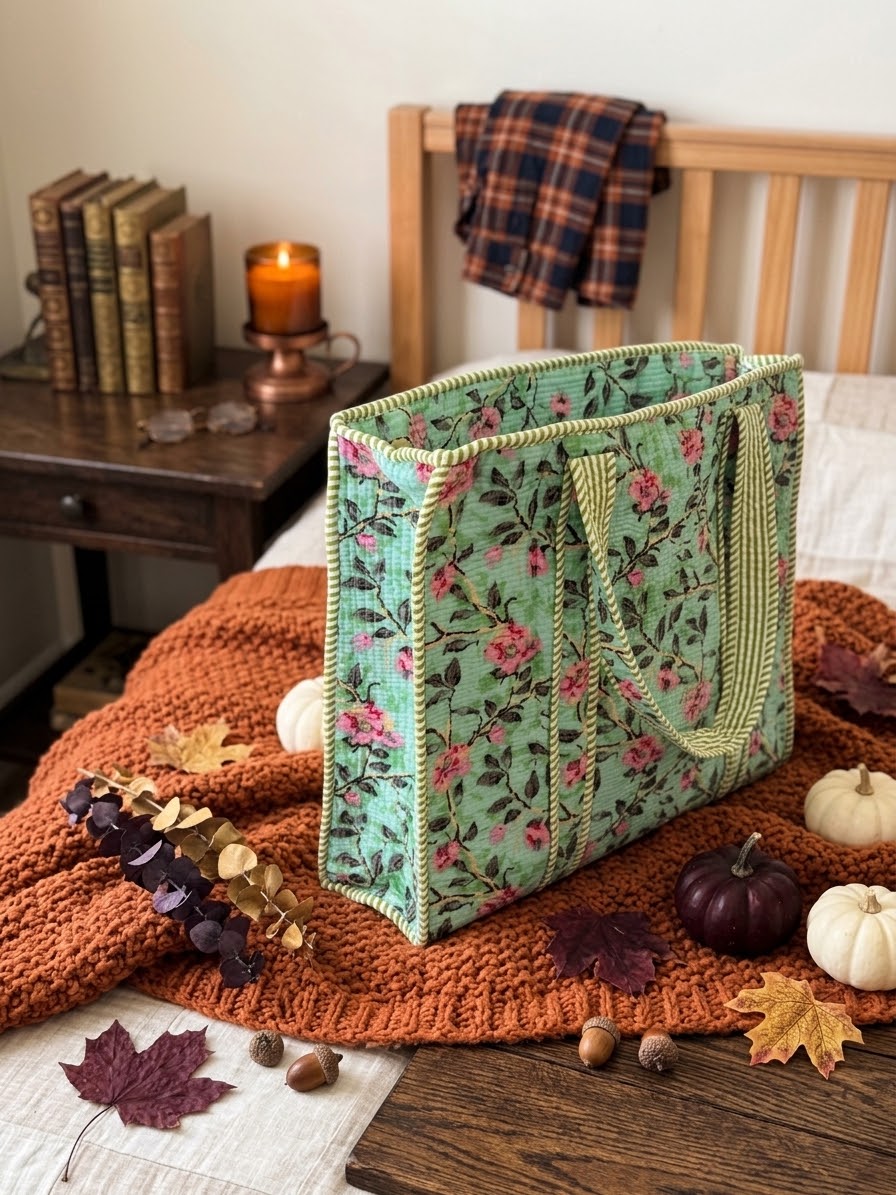 Pistachio Cream — Handblock Quilted Tote