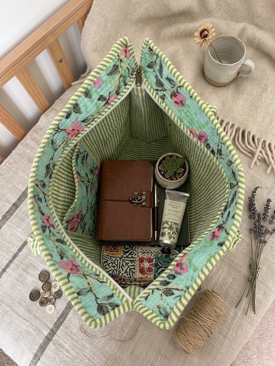 Pistachio Cream — Handblock Quilted Tote