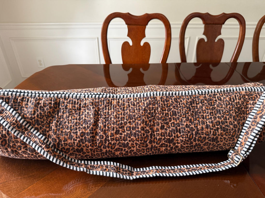 Quilted Leopard Yoga Bag | Handcrafted Cotton Mat Carrier | Pilates Bag | Personalized Gift Option