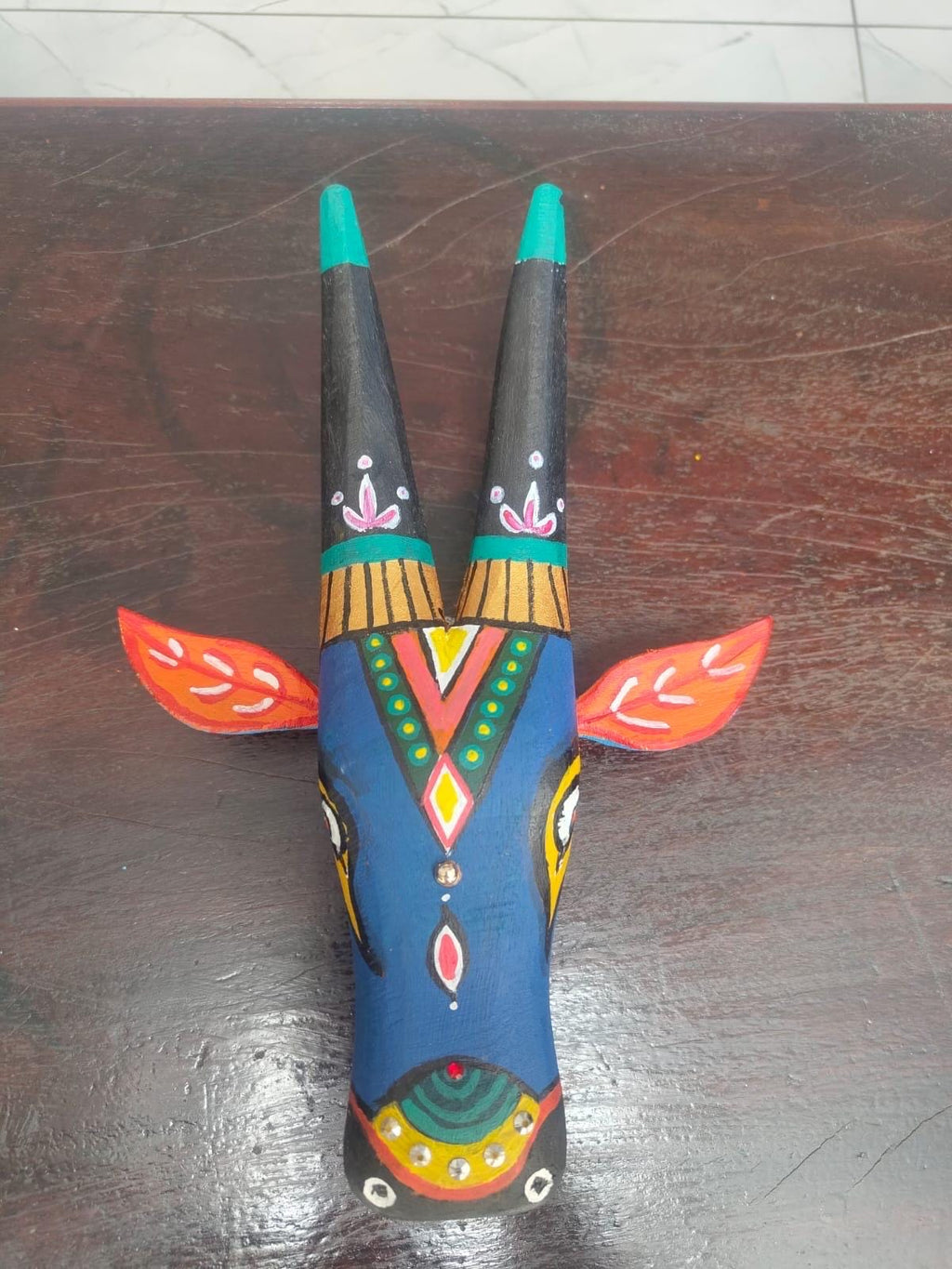 Mango Wood Bull Head Mask, Blue & Green Indian Art Wall Hanging