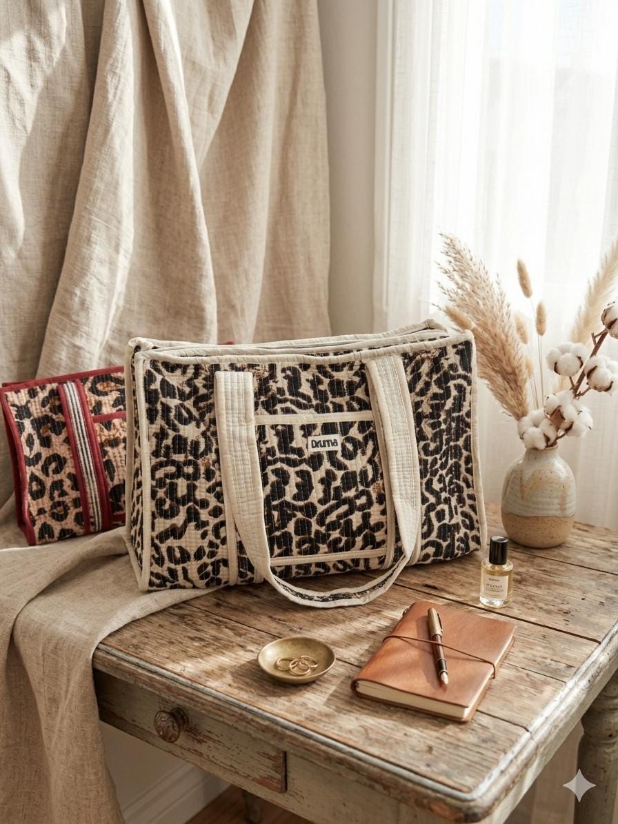 Quilted Cotton Leopard Print Mini Tote Bag, Boho Shoulder Travel Bag