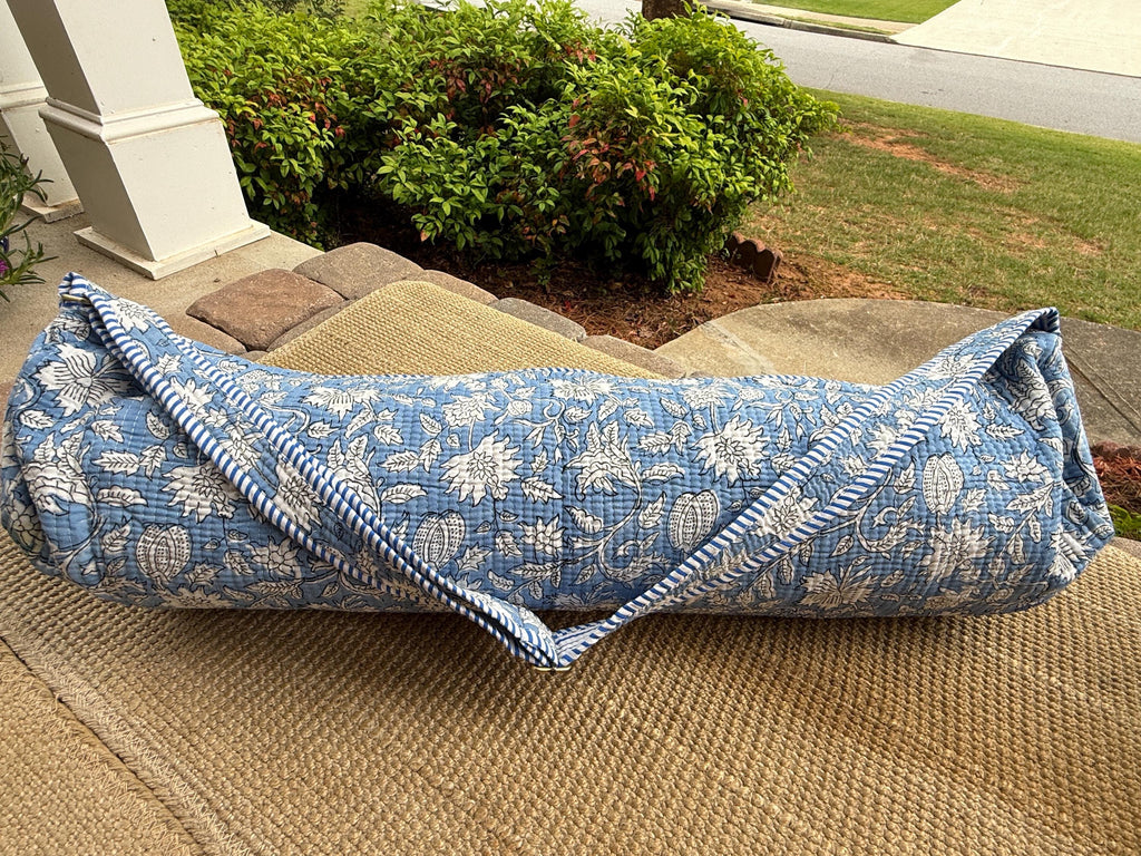 Quilted Cotton Yoga Mat Bag, Block Print Boho Gym Tote, Pilates Carrier