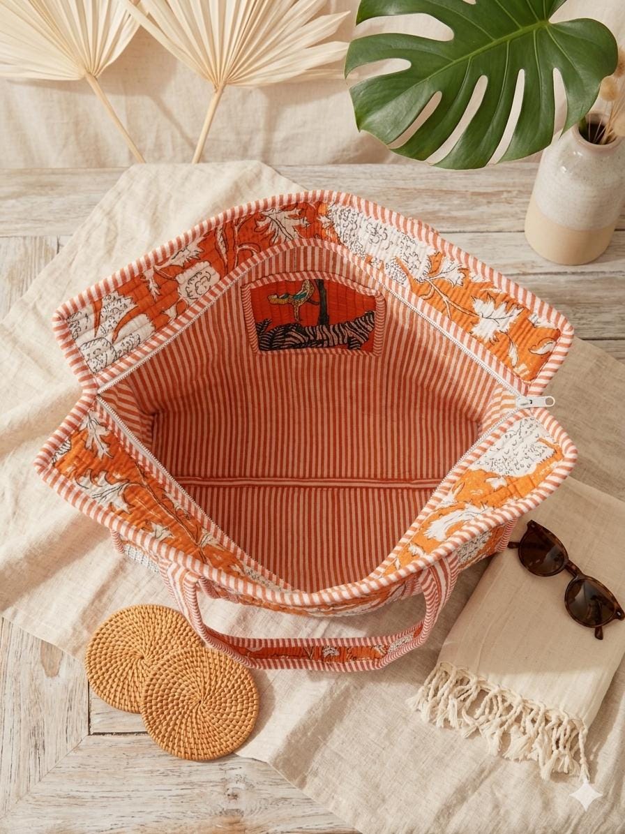 Orange Tote Bag |  Floral Market Bag | 18” x 18”