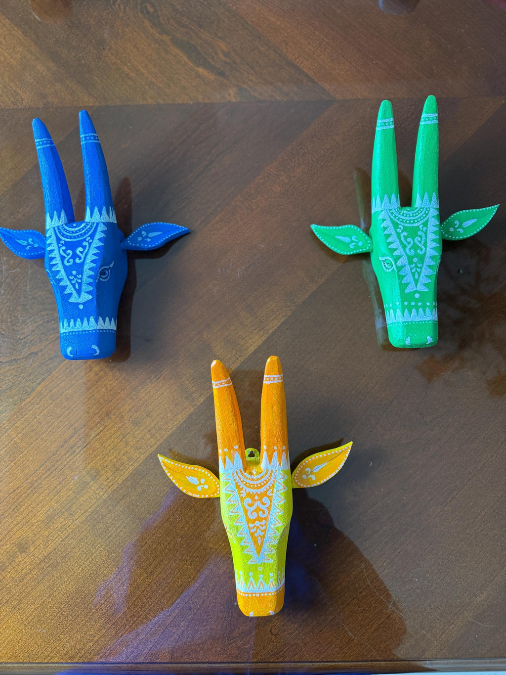 Set of 3 Mango Wood Bull Head Masks,Vibrant Indian Folk Art Wall Hanging