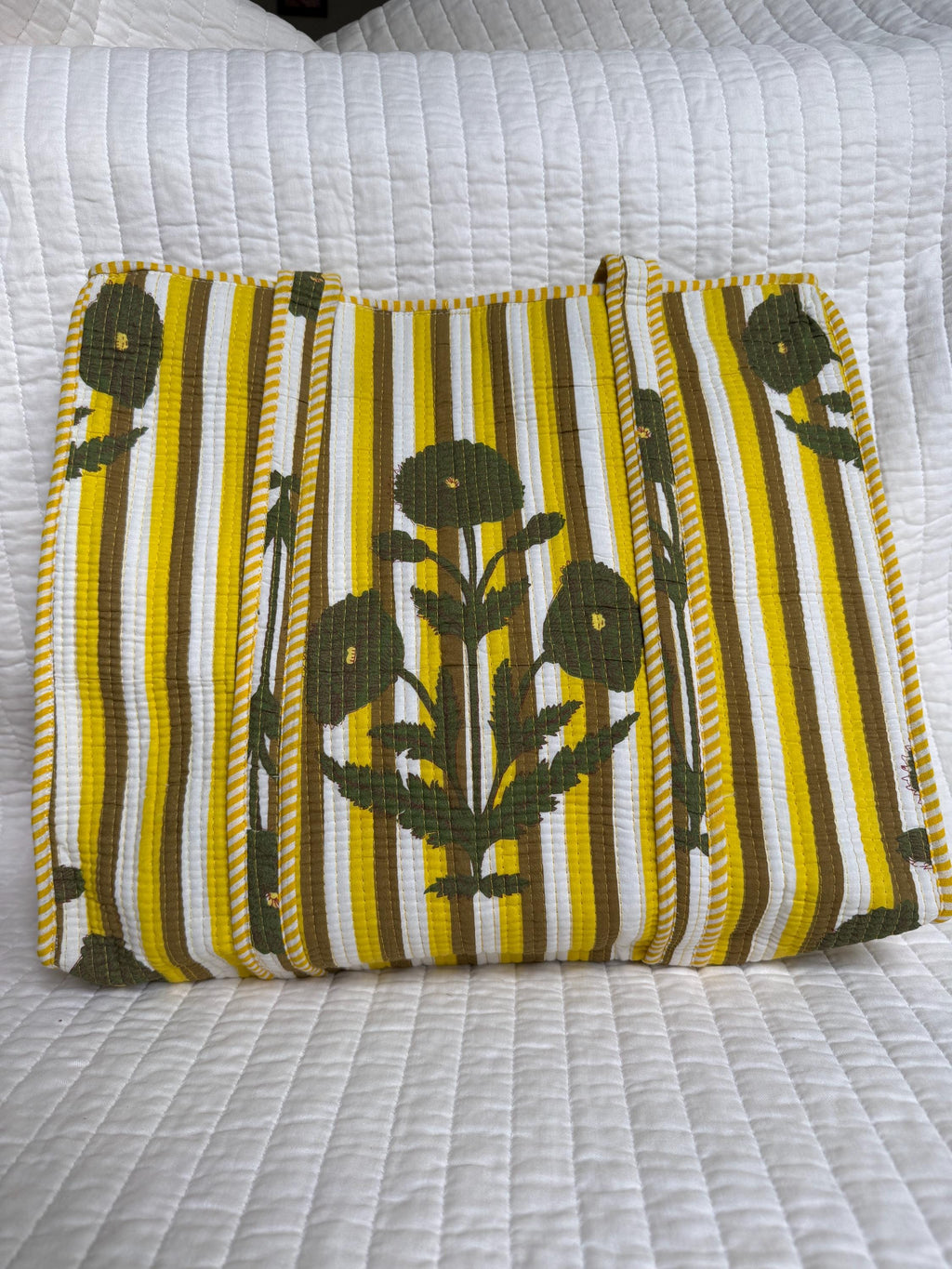 Sun & Bloom Tote — Yellow Stripe Floral Market Bag | 18” x 18”
