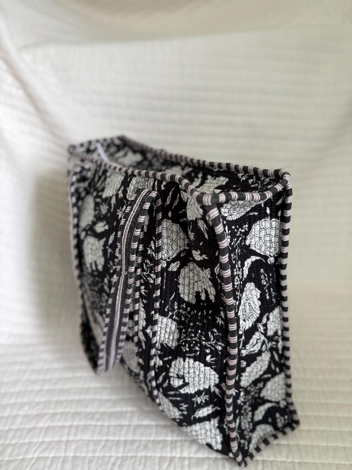 Black and White Quilted Cotton Tote Bag |  Market Bag | 18” x 18”