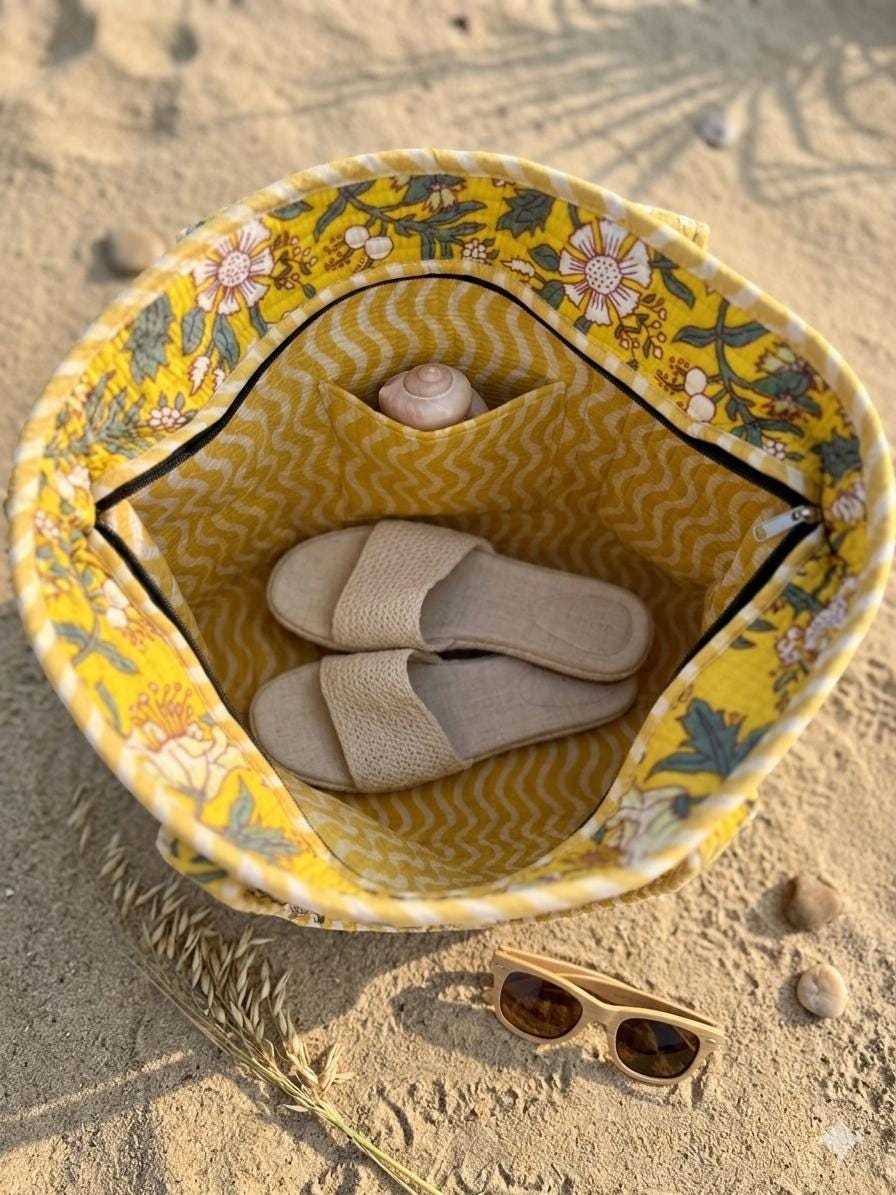 Sun & Sand Tote — Yellow  Floral Market or Beach  Bag | 18” x 18”