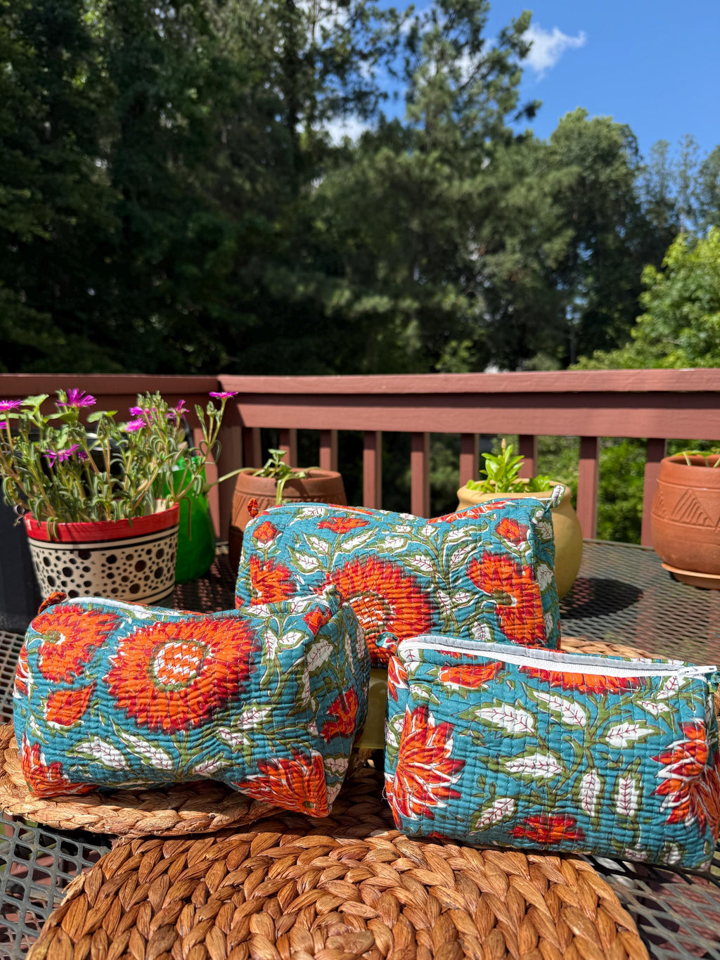 Quilted Cotton Handblock Printed Travel Pouches , Makeup Organizer - Green Poppies