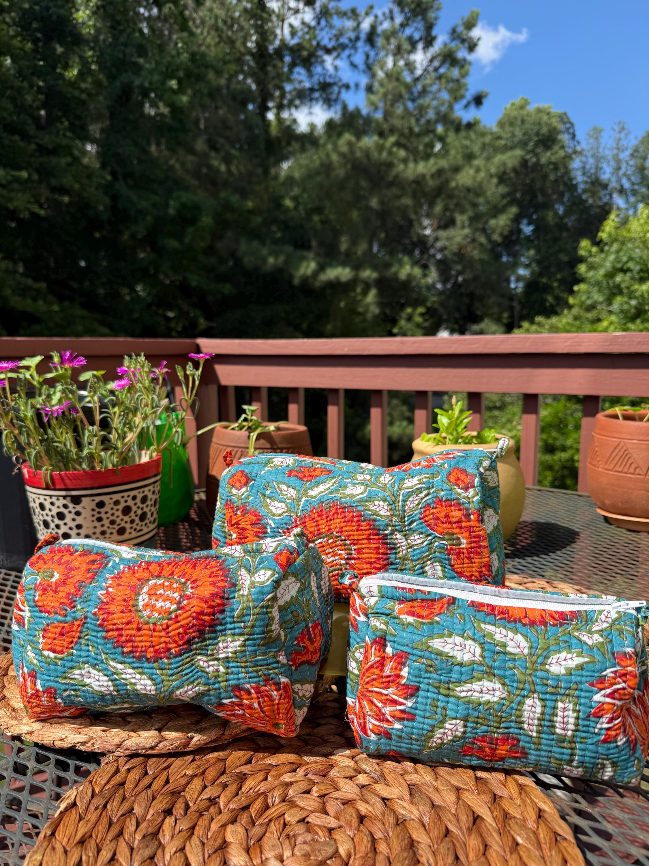 Quilted Cotton Handblock Printed Travel Pouches , Makeup Organizer - Green Poppies