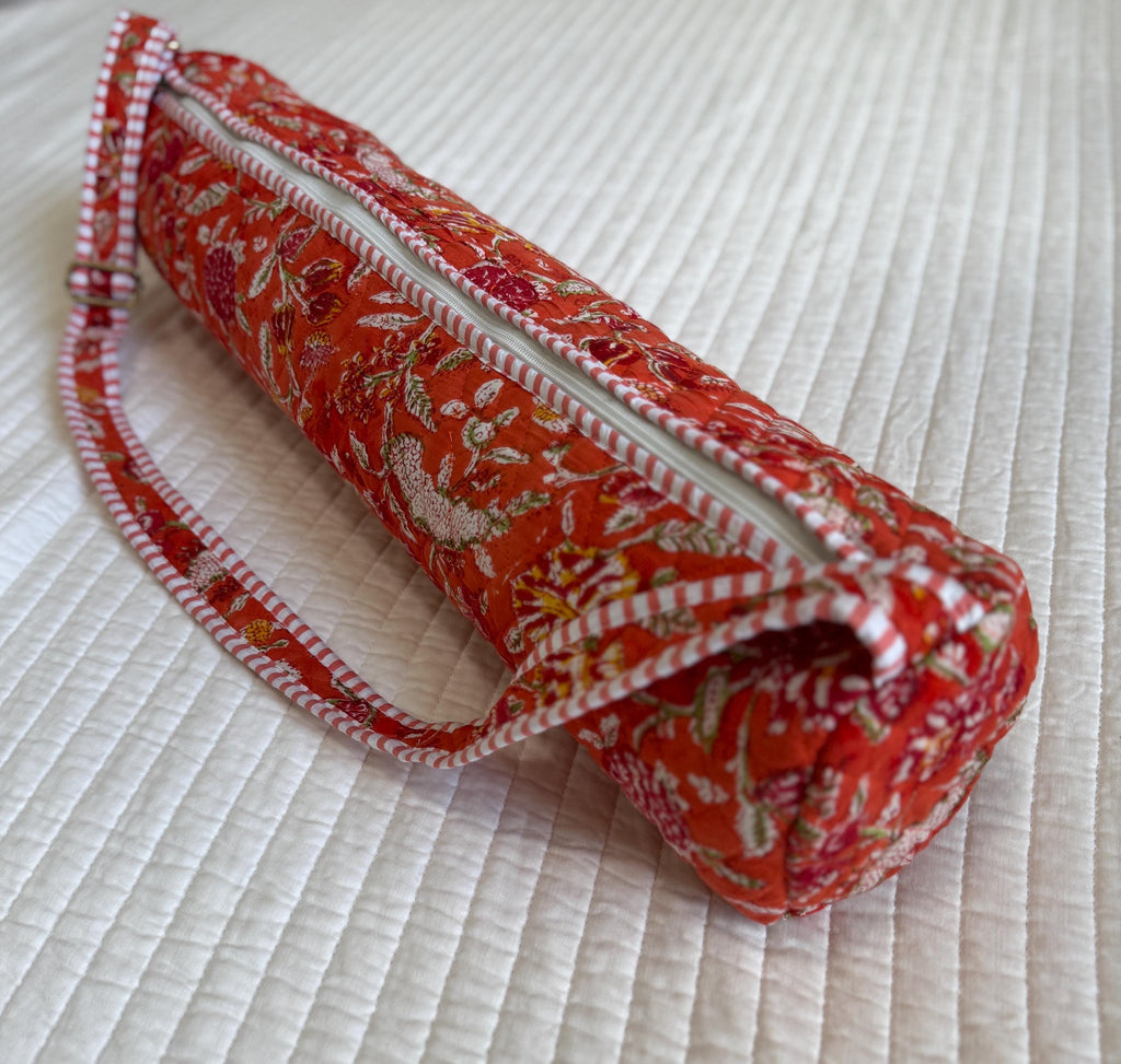 Quilted Cotton Yoga Mat Bag, Block Print Boho Gym Tote, Pilates Carrier