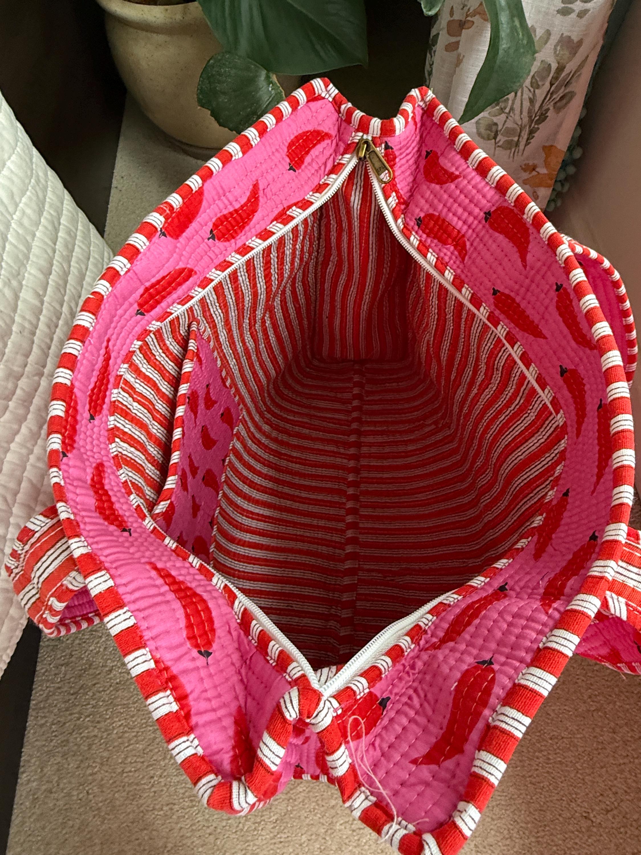 Pink Chillies Print Quilted Cotton Tote Bag |  Market Bag | 18” x 18”