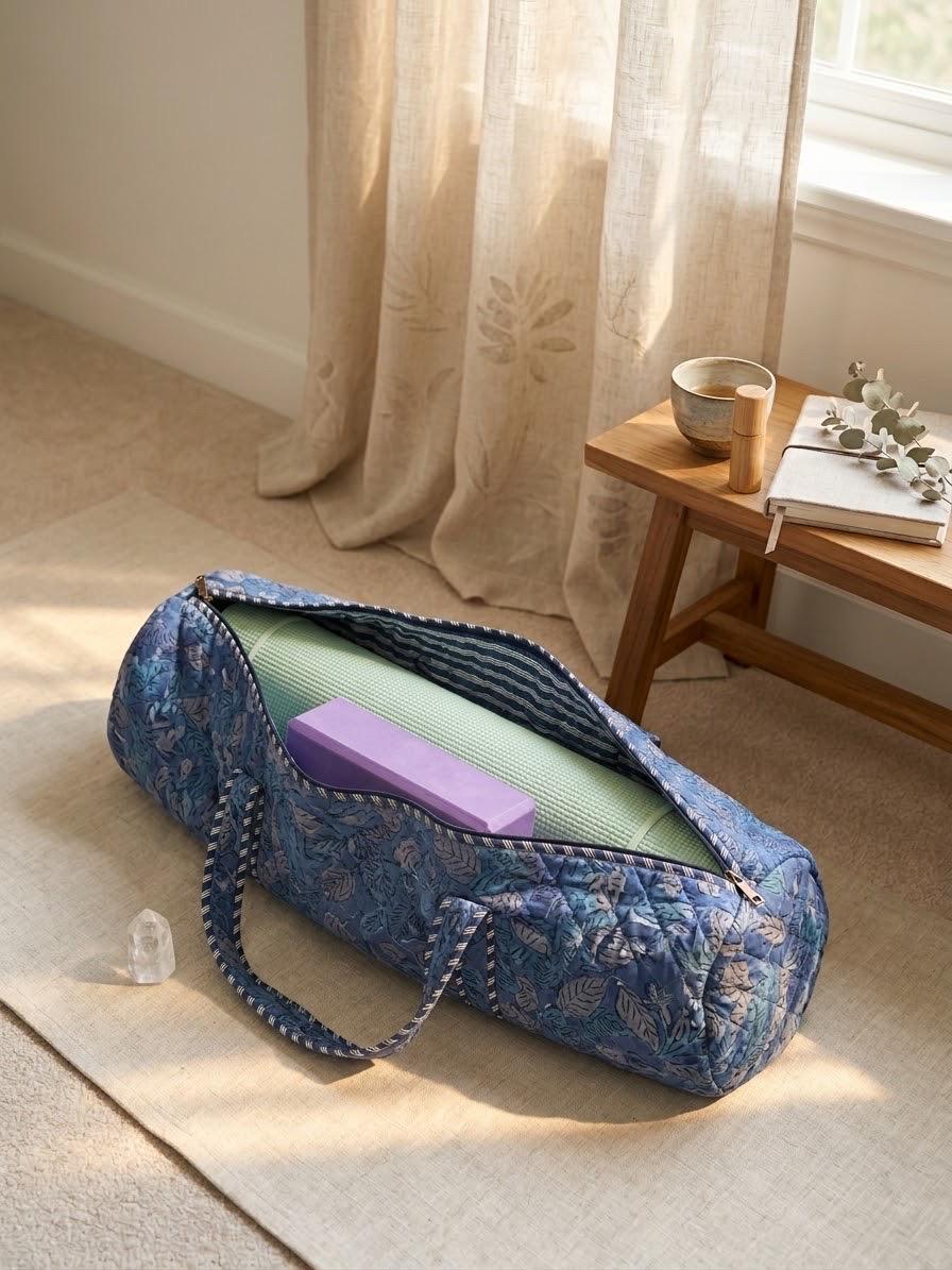 Quilted Cotton Blue Yoga Mat Bag, Block Print Boho Gym Tote, Pilates Carrier