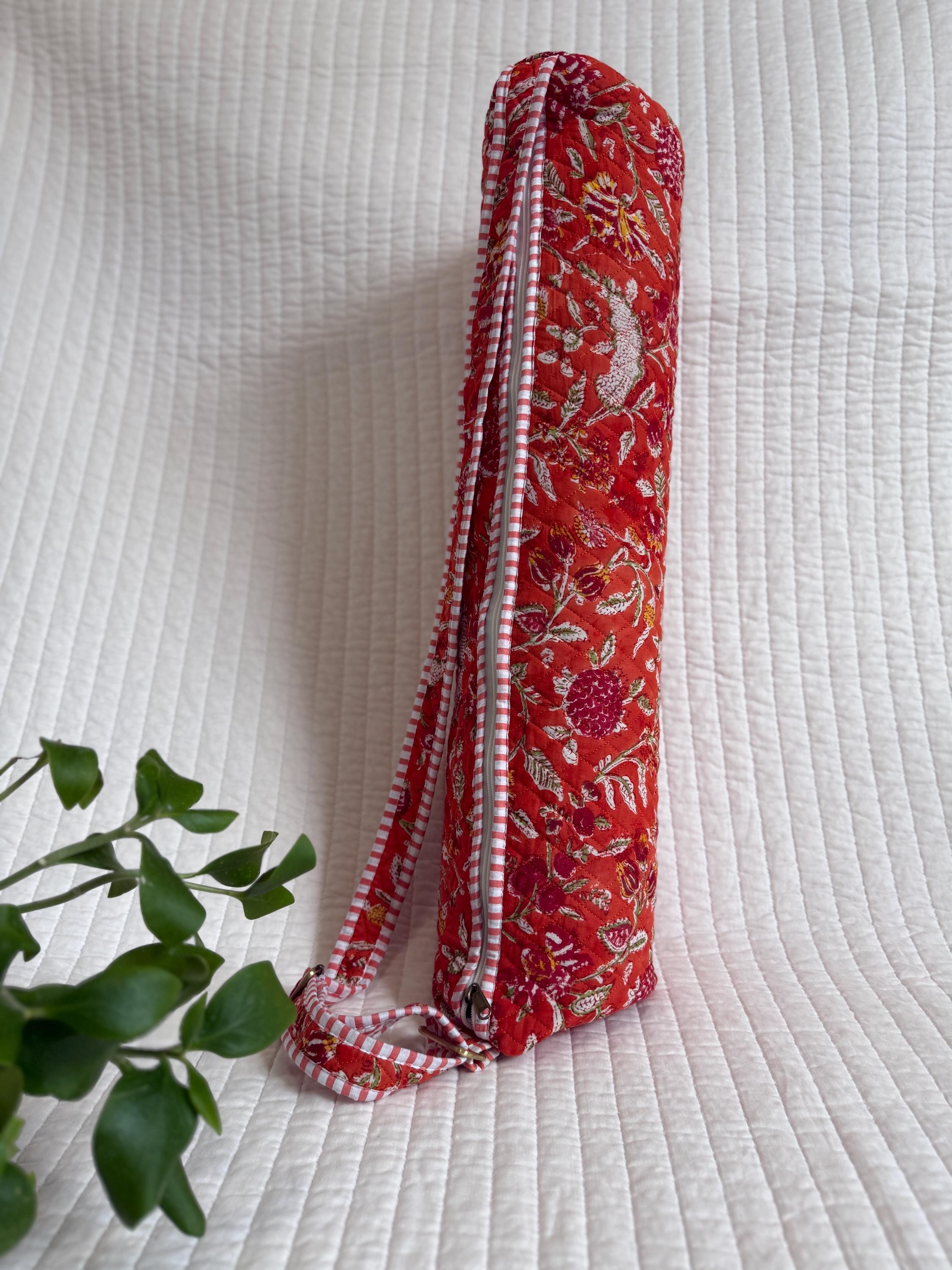Quilted Cotton Yoga Mat Bag, Block Print Boho Gym Tote, Pilates Carrier