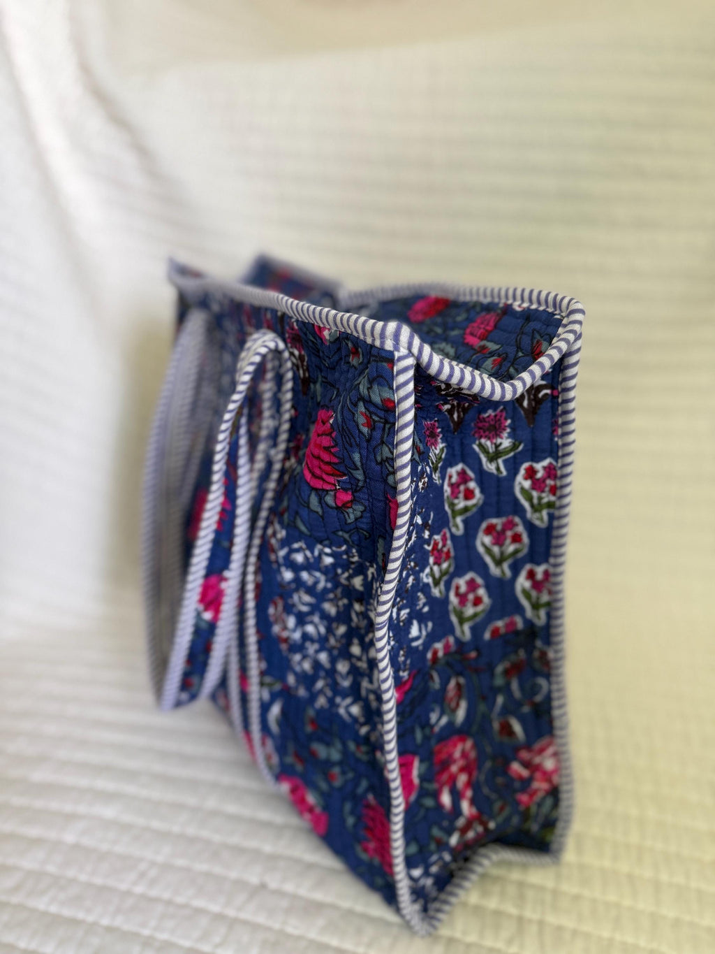 Indigo Patchwork Print Tote Bag |  Floral Market Bag | 18” x 18”