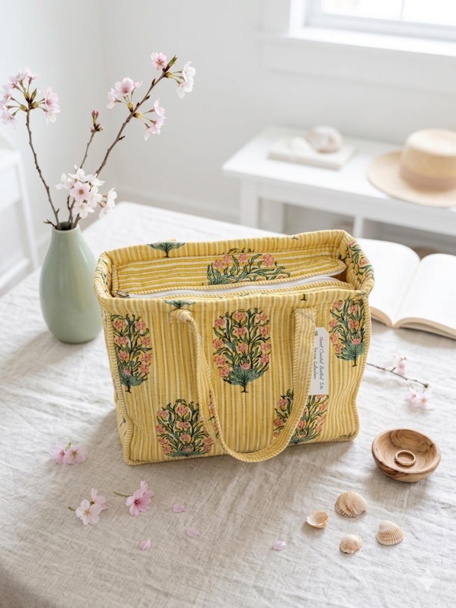 Sun & Shine Tote — Yellow Stripe Floral Market Bag | 18” x 18”