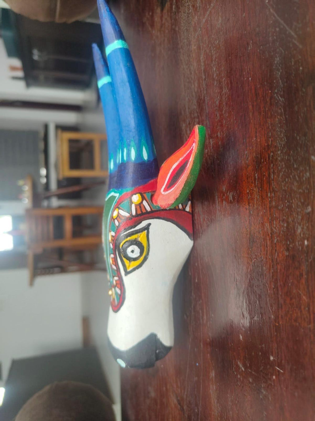 Mango Wood Bull Head Mask, White & Blue Indian Art Wall Hanging