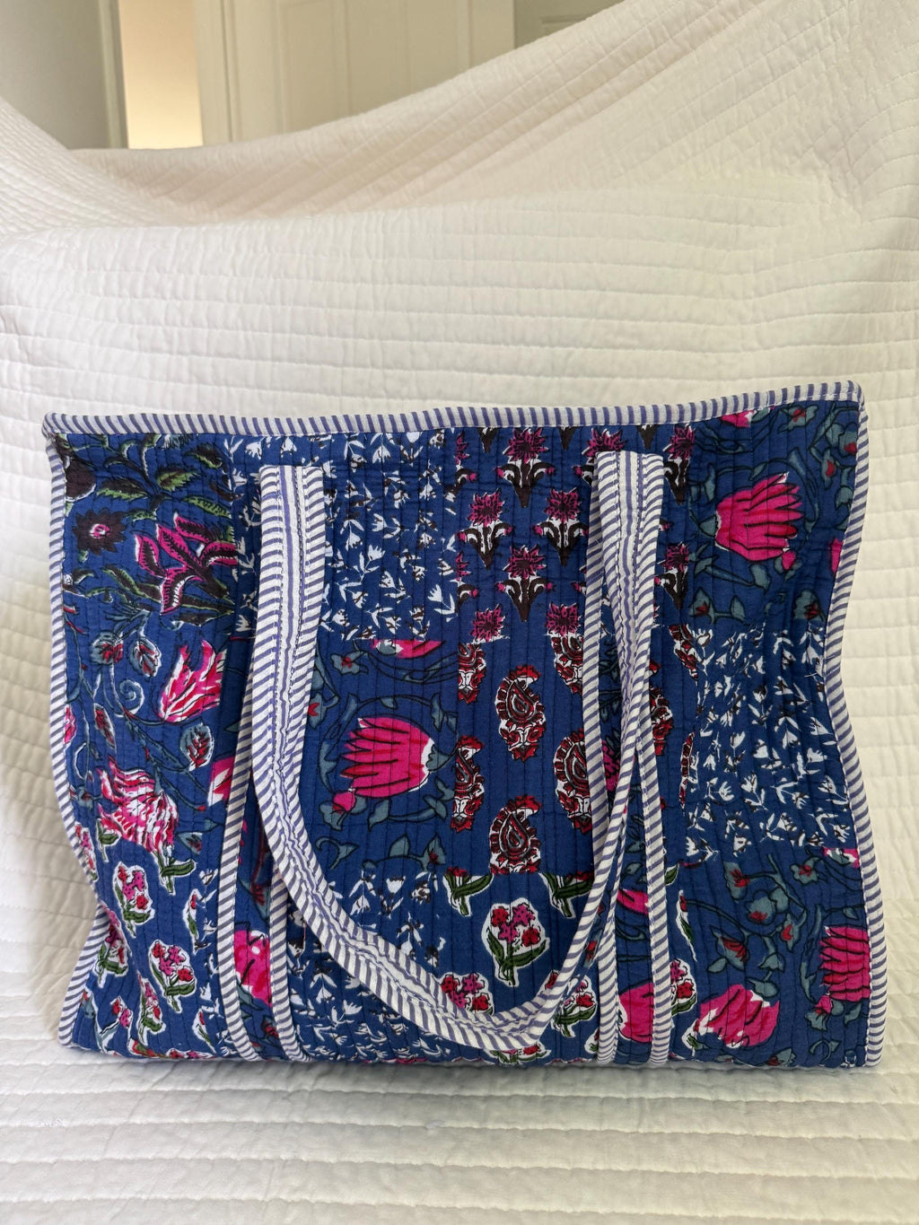 Indigo Patchwork Print Tote Bag |  Floral Market Bag | 18” x 18”