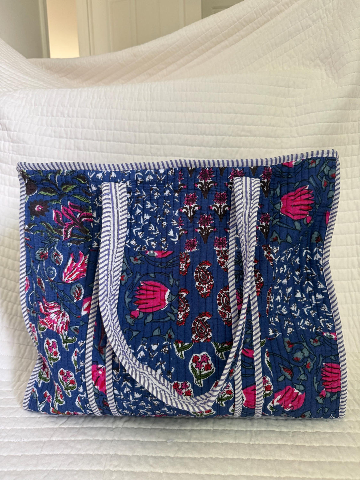 Indigo Patchwork Print Tote Bag |  Floral Market Bag | 18” x 18”