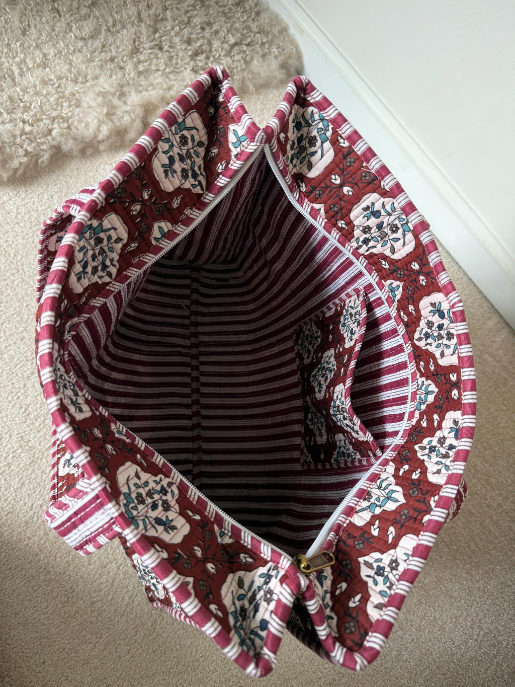 Quilted Cotton Tote Bag | Floral Print Market Bag 18” x 18”