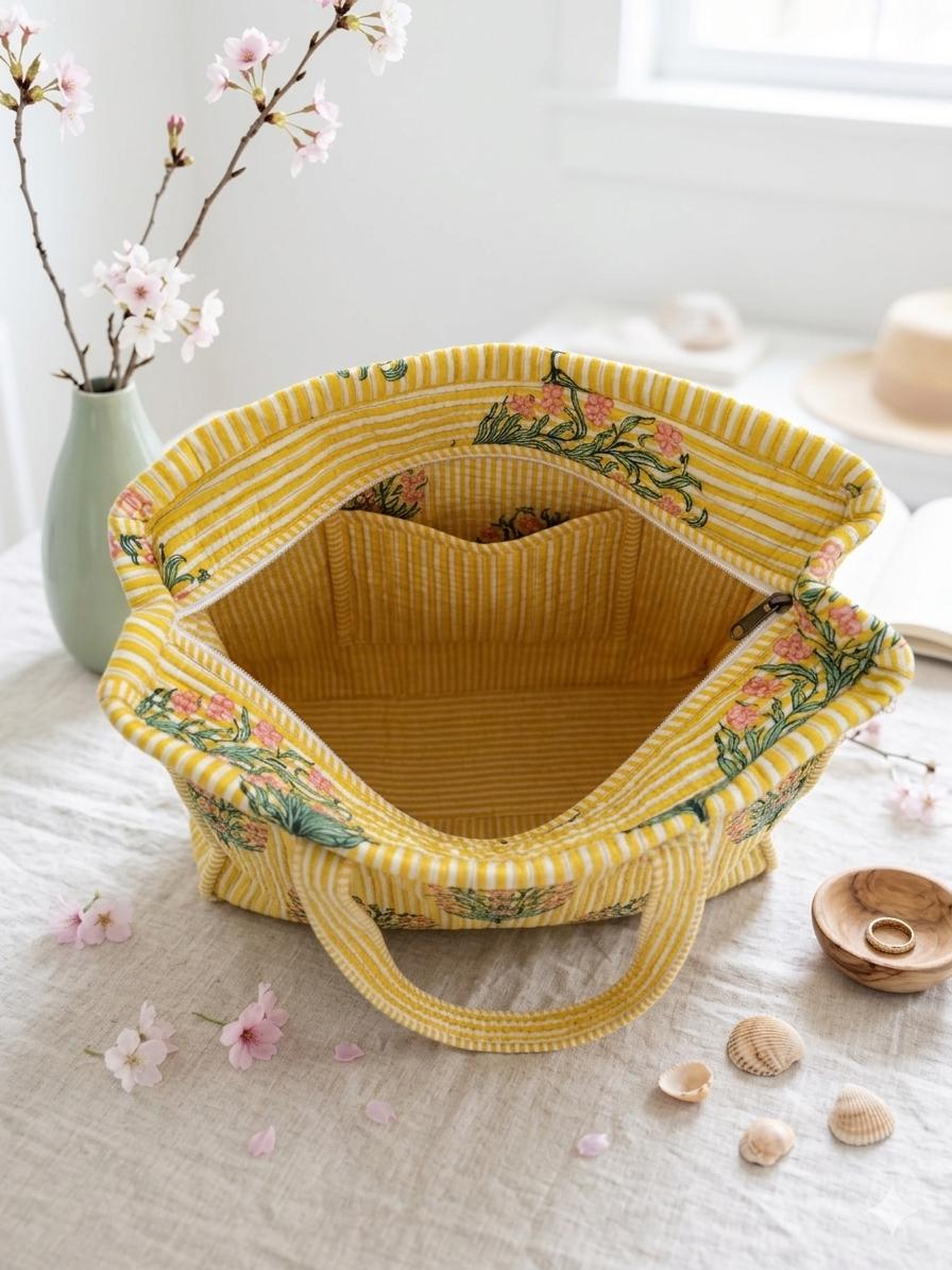 Sun & Shine Tote — Yellow Stripe Floral Market Bag | 18” x 18”