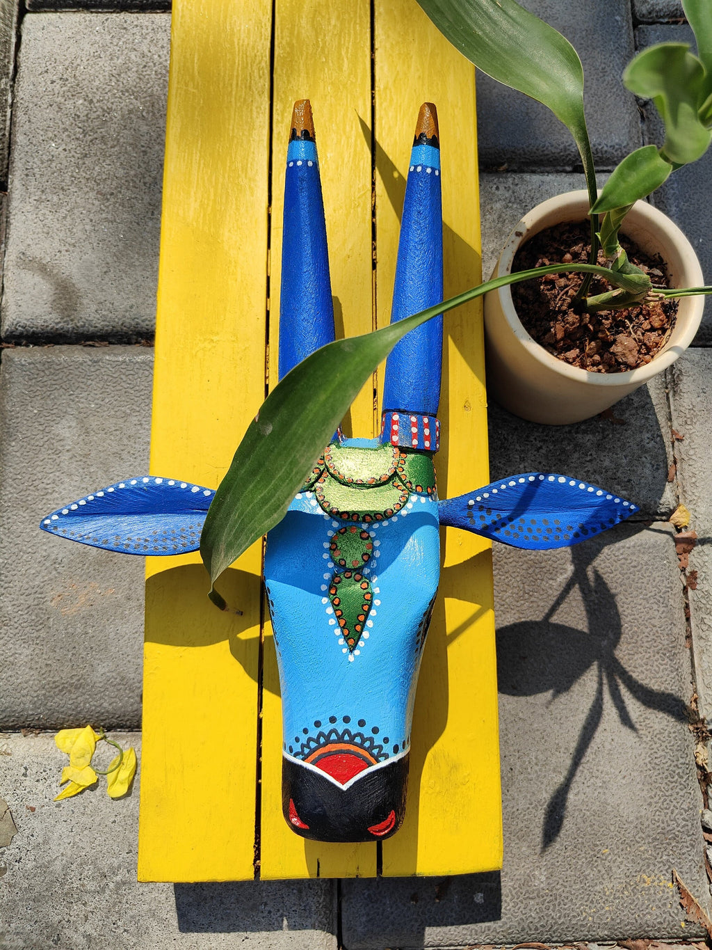 Mango Wood Bull Sky Blue and Cobalt Blue wall hanging in Indian traditional art Chettinad bull head masks In tribal style