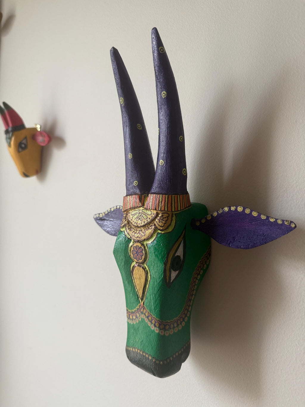 Mango Wood Bull Head Mask, Green & Purple Indian Art Wall Hanging