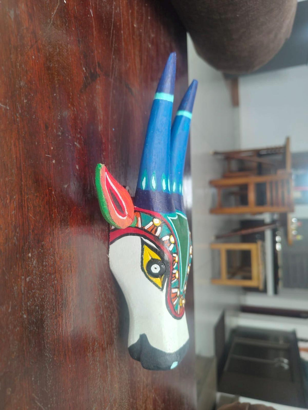 Mango Wood Bull Head Mask, White & Blue Indian Art Wall Hanging
