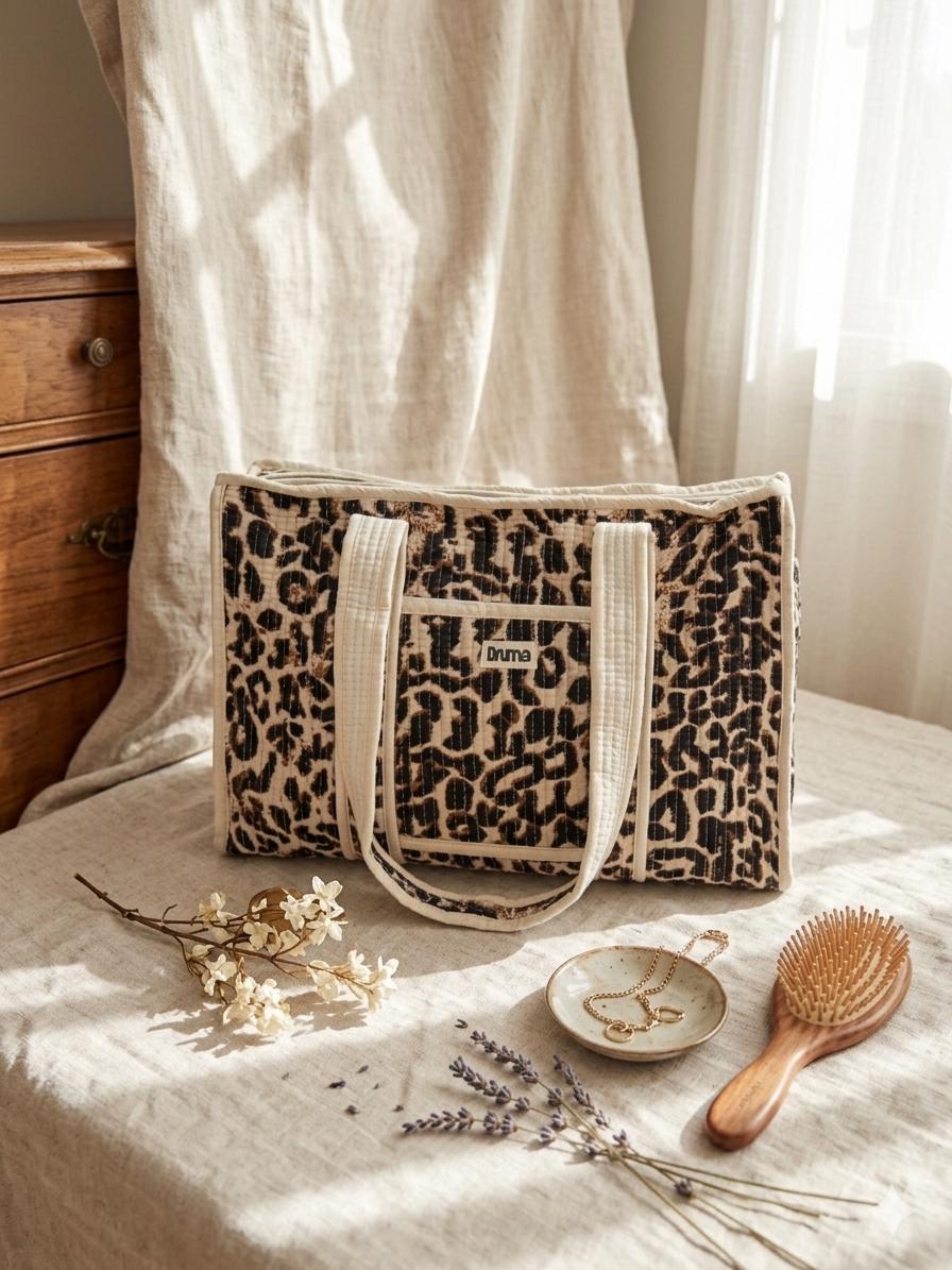 Quilted Cotton Leopard Print Mini Tote Bag, Boho Shoulder Travel Bag