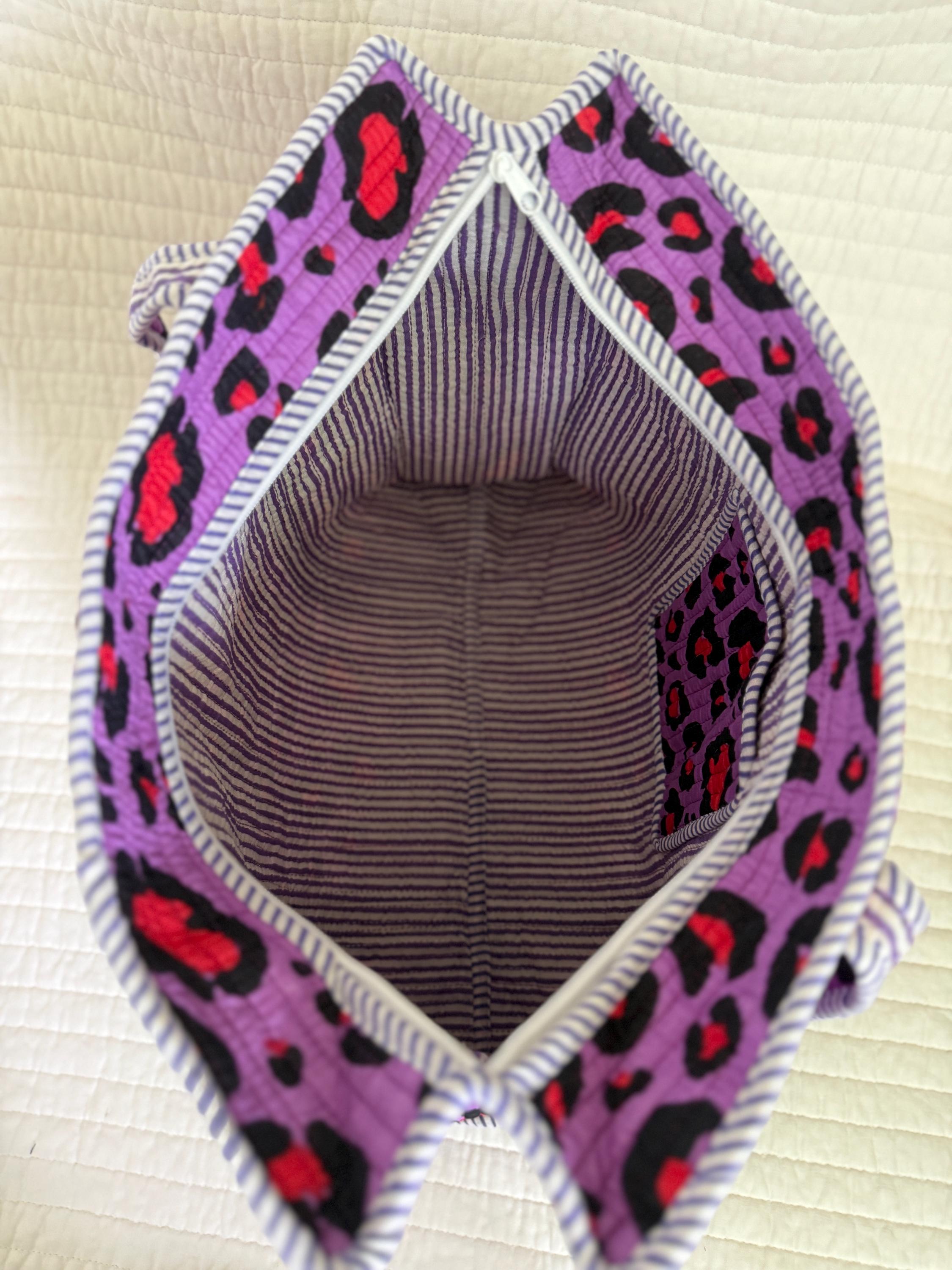 Purple Leopard Print Quilted Cotton Tote Bag |  Market Bag | 18” x 18”