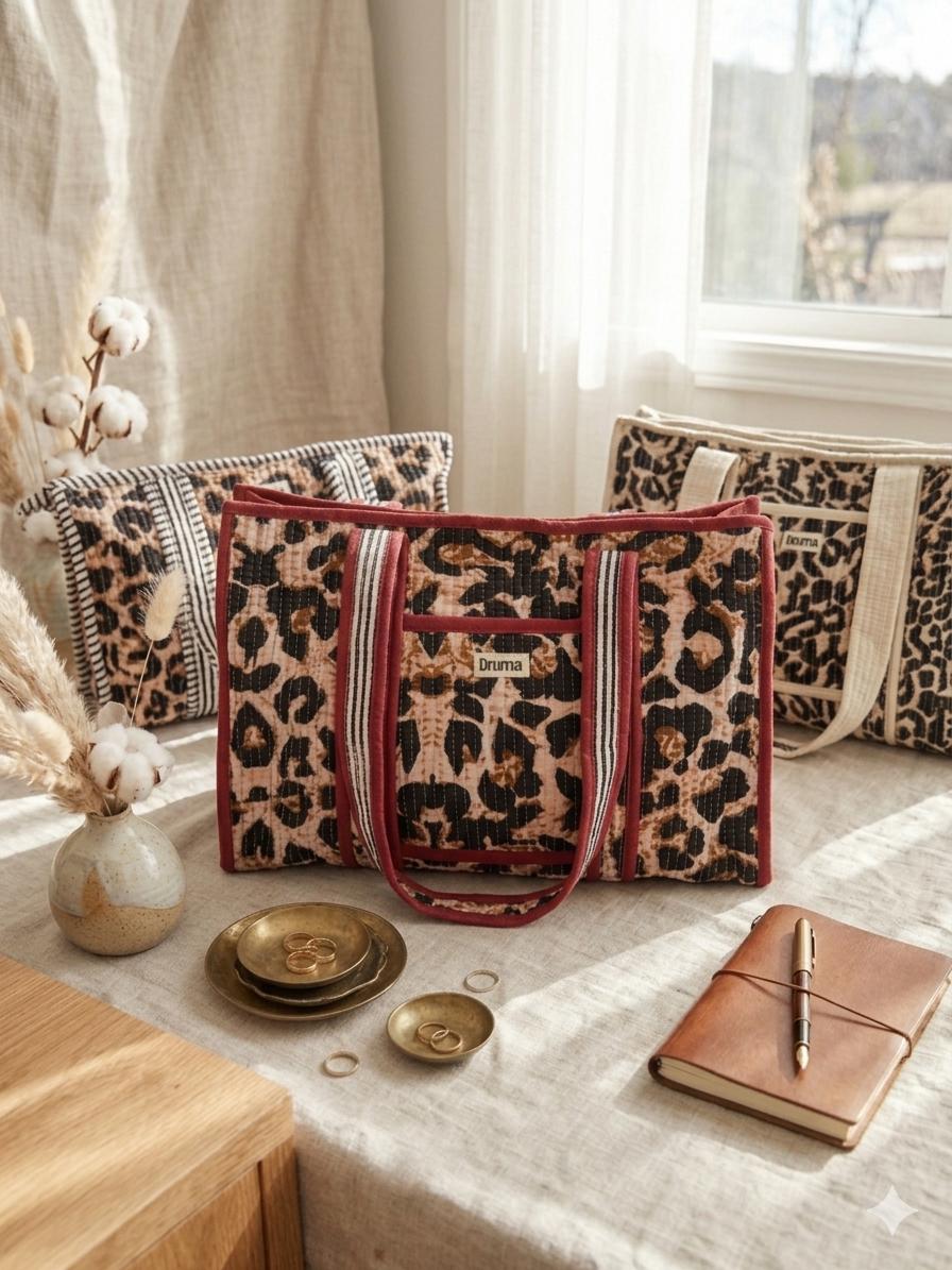 Quilted Cotton Leopard Print Mini Tote Bag, Boho Shoulder Travel Bag