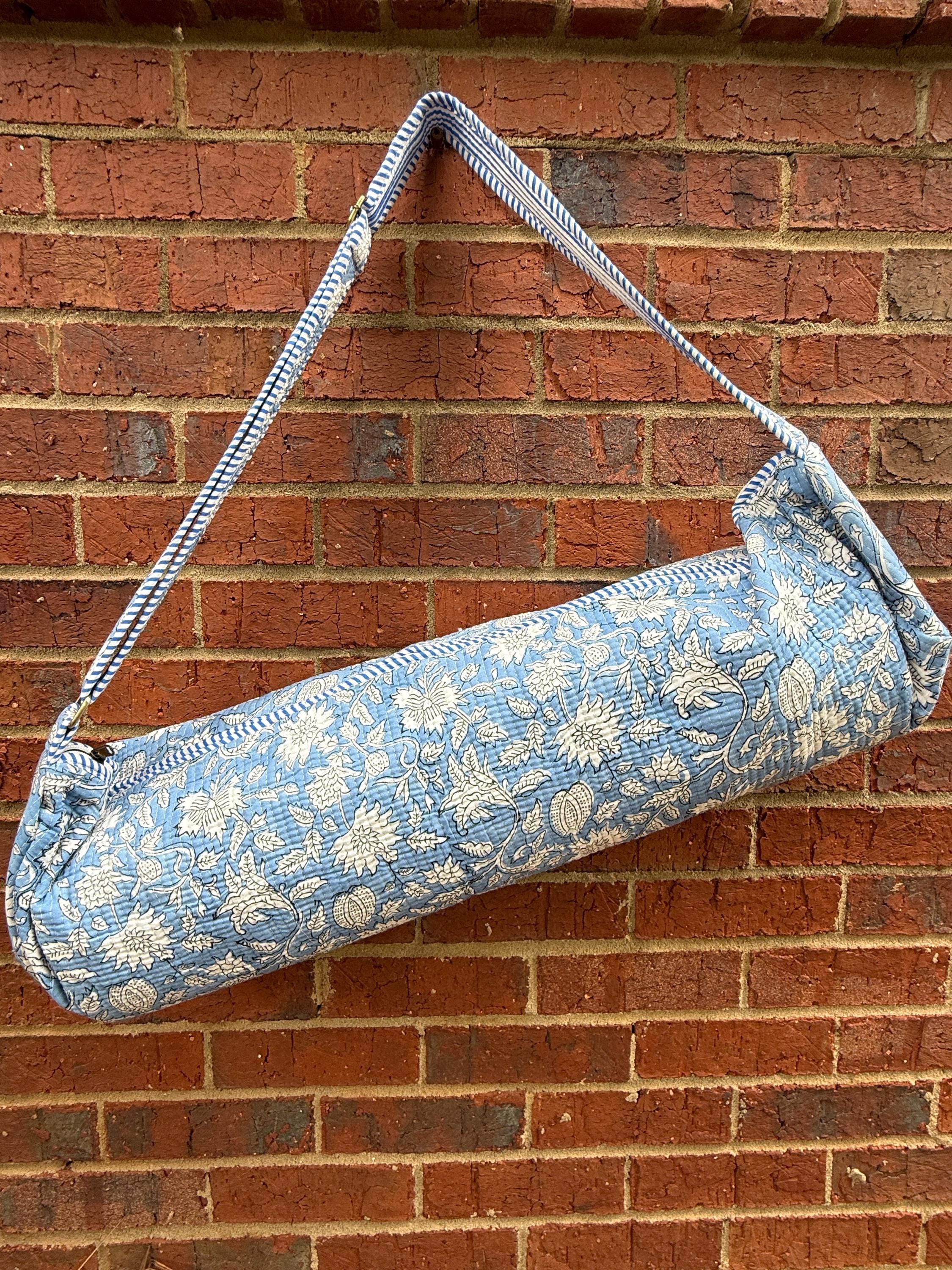 Quilted Cotton Yoga Mat Bag, Block Print Boho Gym Tote, Pilates Carrier