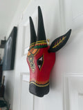 Mango Wood Indian Wall art Bull heads in Red and Black featuring Chettinad Style