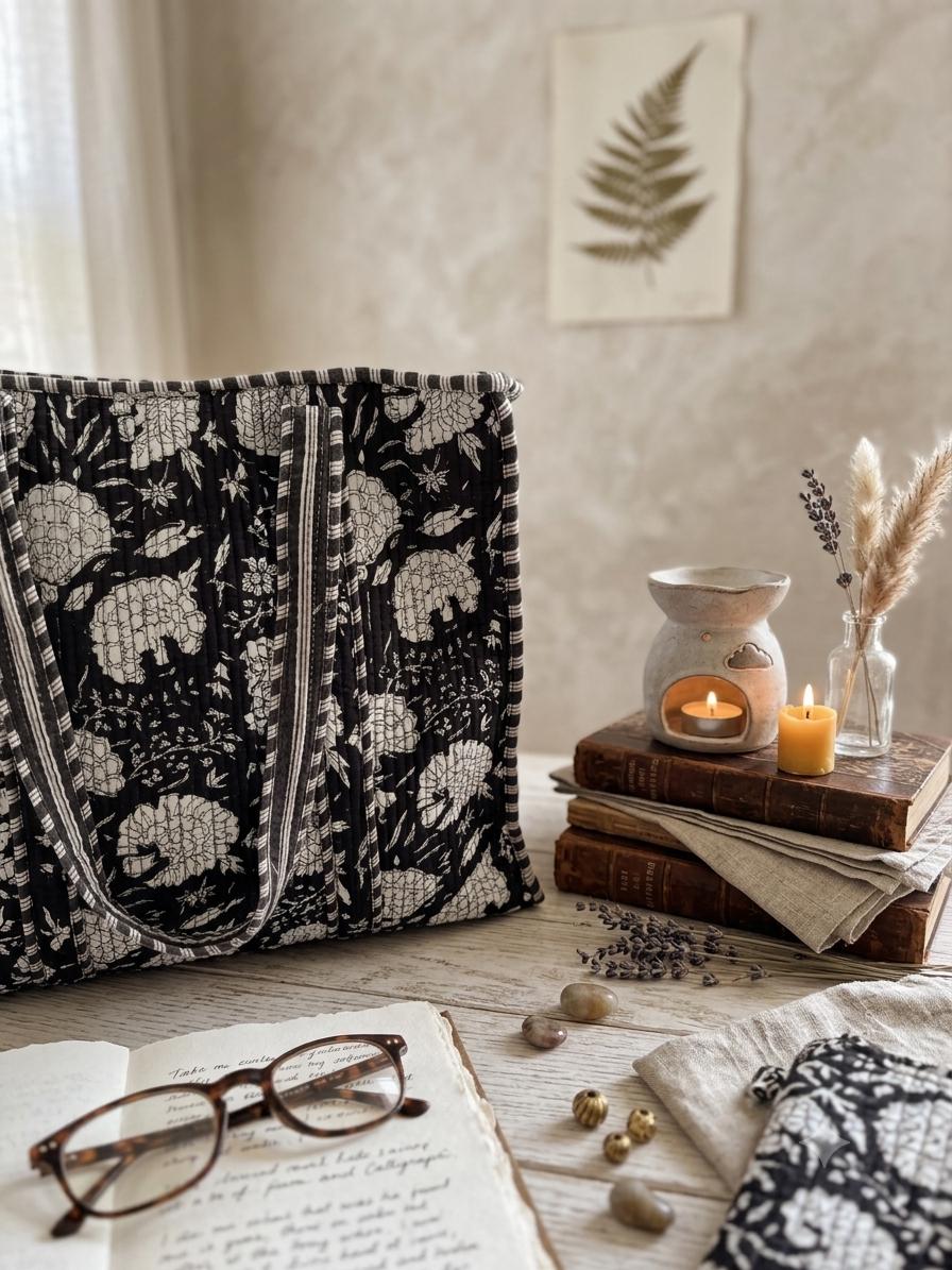 Black and White Quilted Cotton Tote Bag |  Market Bag | 18” x 18”