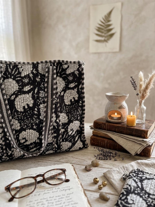 Black and White Quilted Cotton Tote Bag |  Market Bag | 18” x 18”