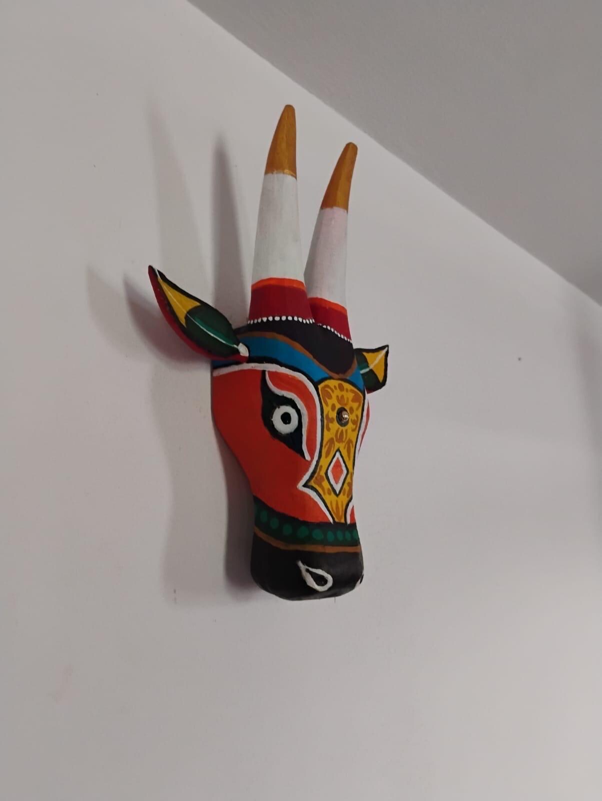 Mango Wood Bull Head Mask, Red & White Indian Art Wall Hanging