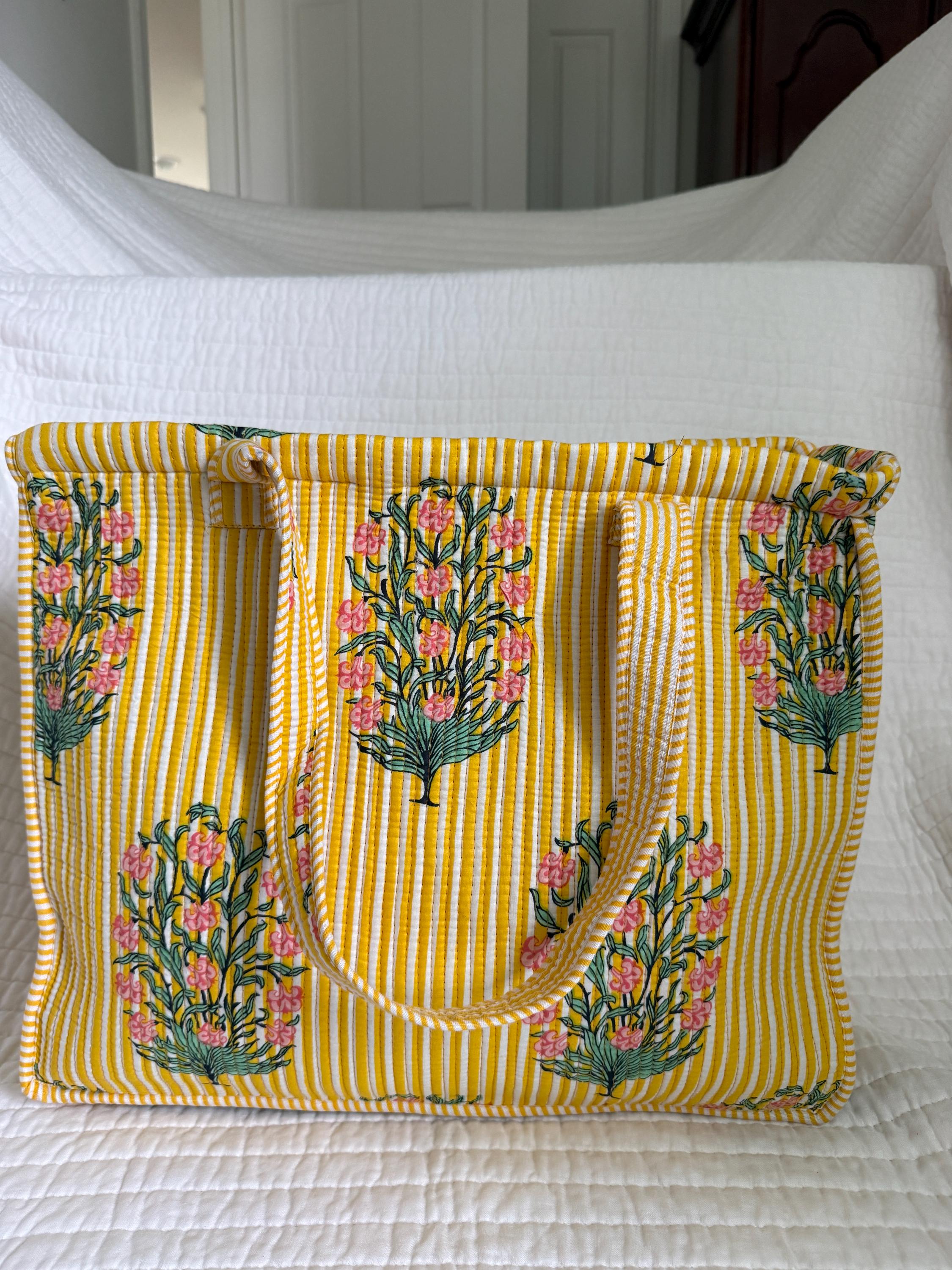 Sun & Shine Tote — Yellow Stripe Floral Market Bag | 18” x 18”