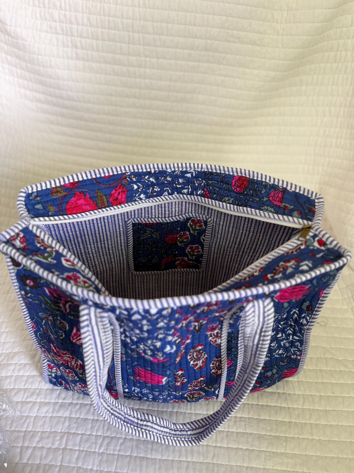 Indigo Patchwork Print Tote Bag |  Floral Market Bag | 18” x 18”