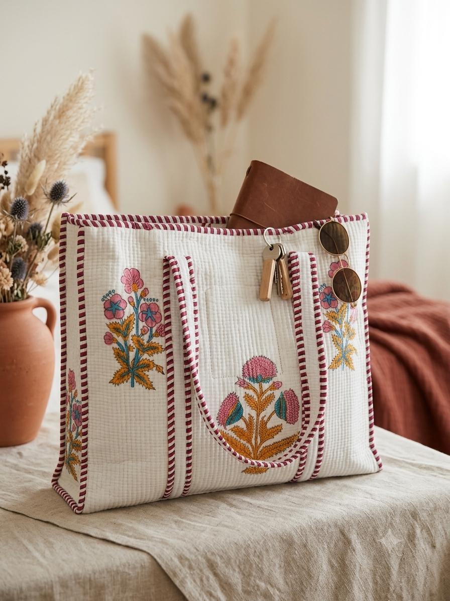 Handblock Printed Quilted Cotton Tote Bag | Onam Gift  Bag