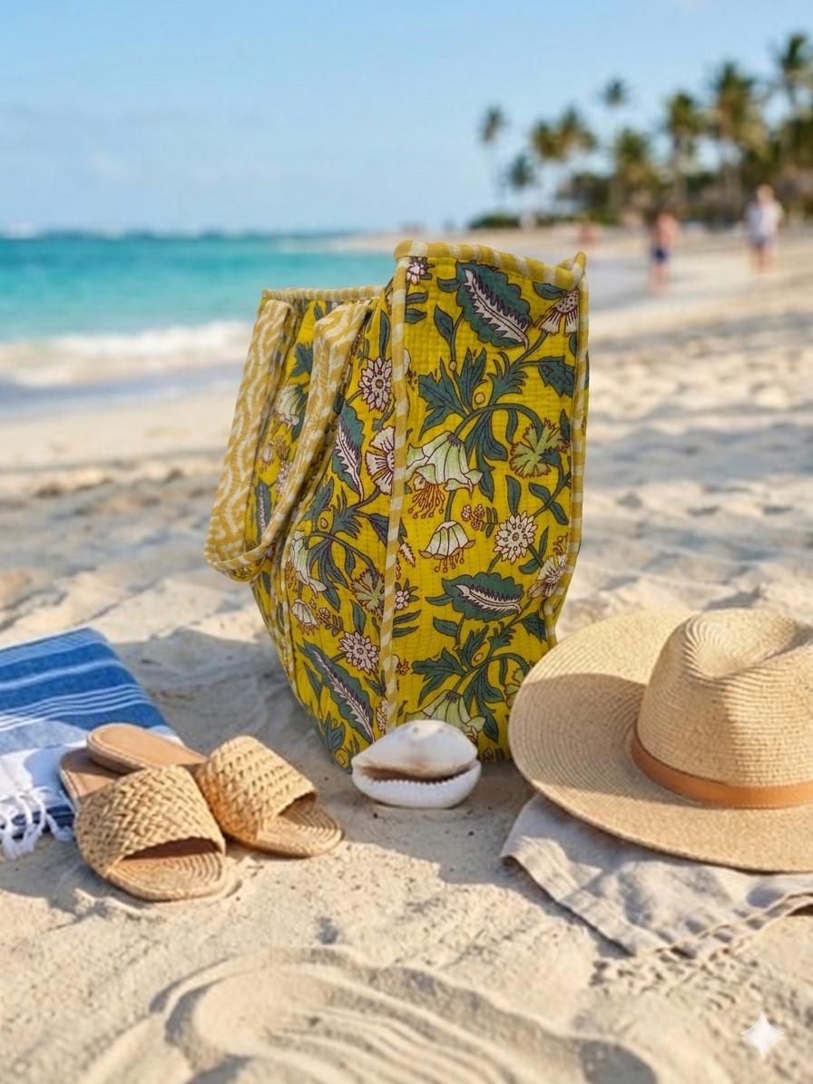 Sun & Sand Tote — Yellow  Floral Market or Beach  Bag | 18” x 18”