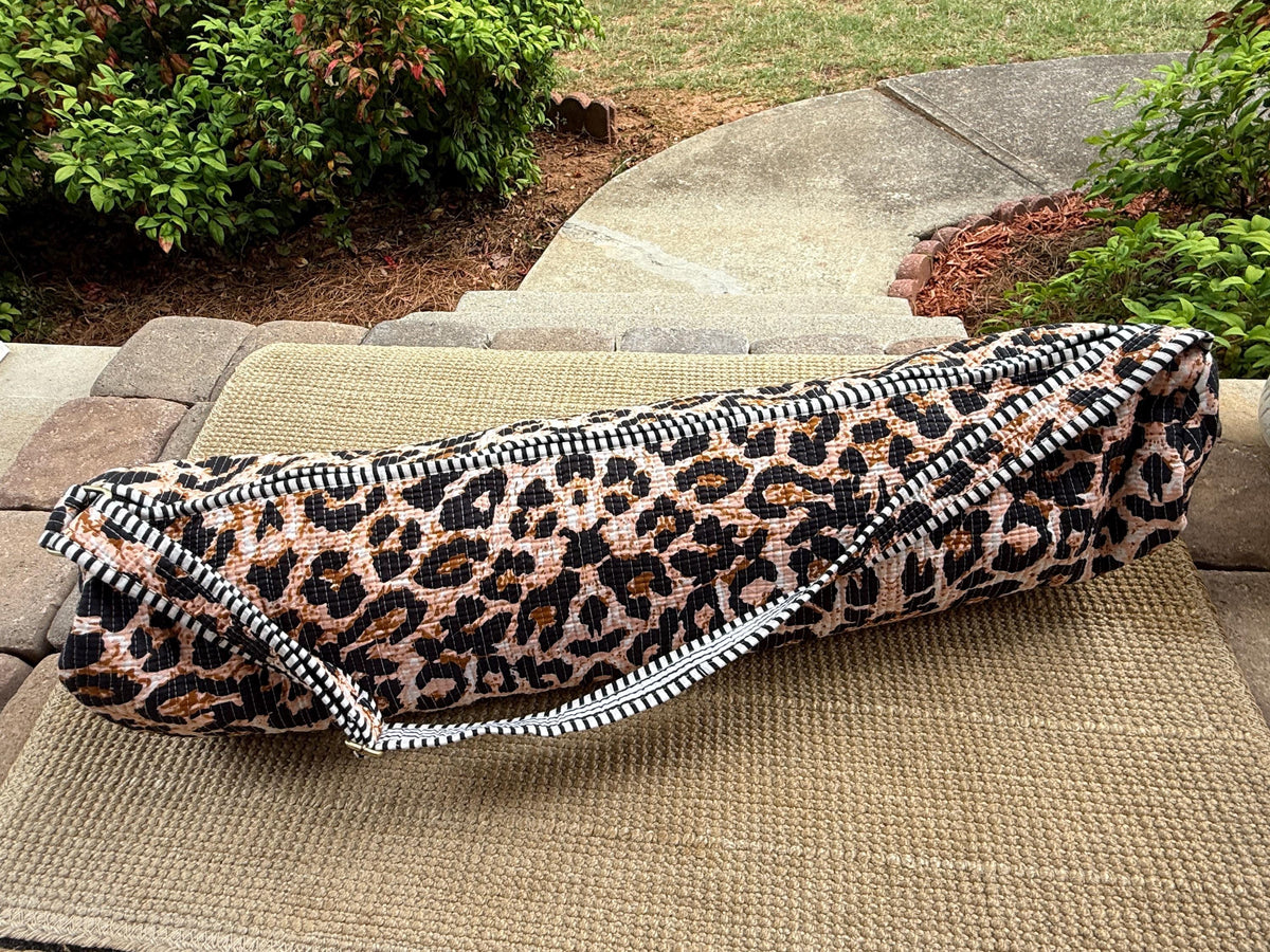 Quilted Leopard Yoga Bag | Handcrafted Cotton Mat Carrier | Pilates Bag | Personalized Gift Option