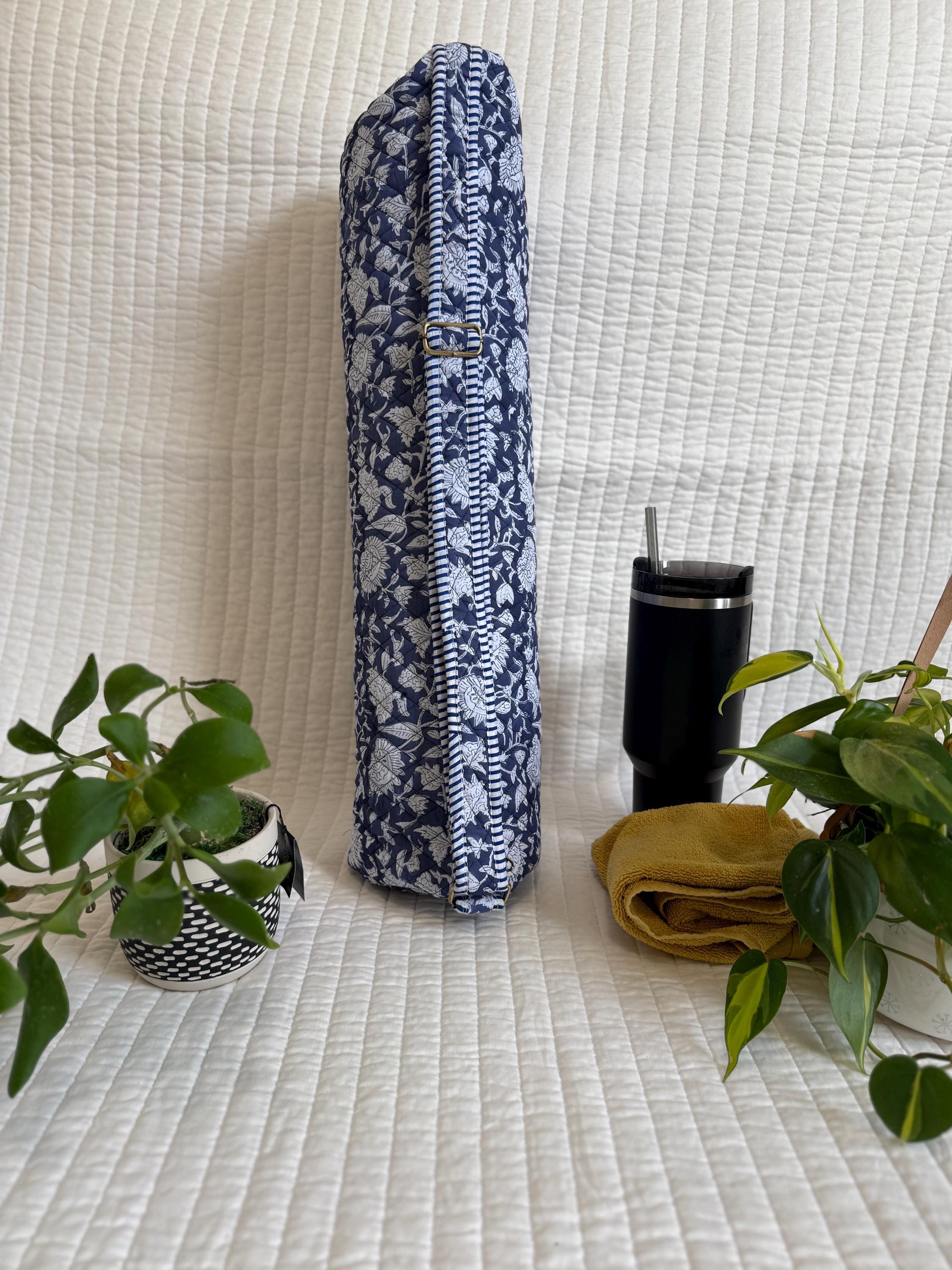 Quilted Cotton Yoga Mat Bag, Block Print Boho Gym Tote, Pilates Carrier