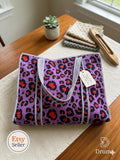 Purple Leopard Print Quilted Cotton Tote Bag |  Market Bag | 18” x 18”