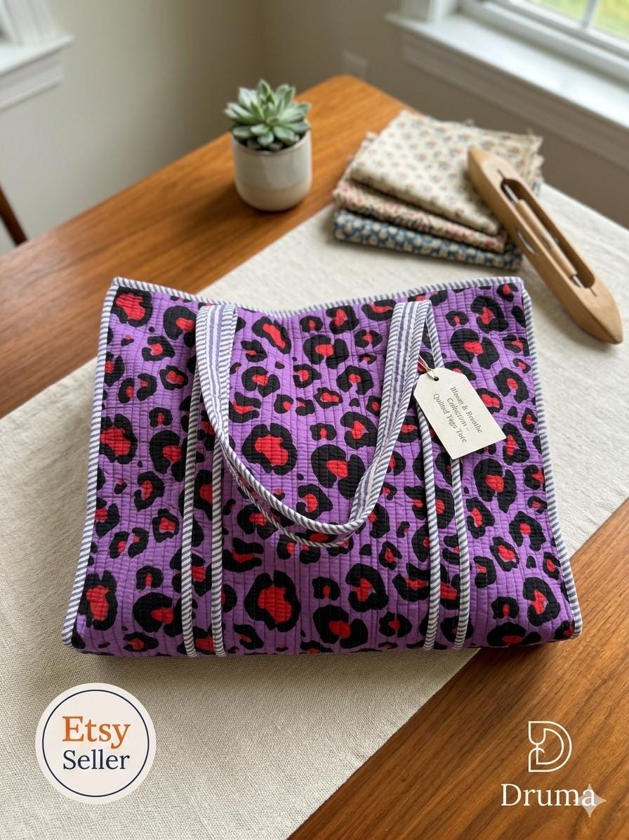 Purple Leopard Print Quilted Cotton Tote Bag |  Market Bag | 18” x 18”