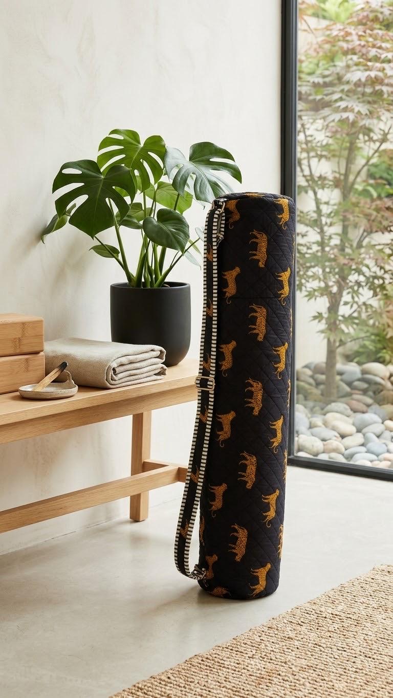 Quilted Cheetah Print Yoga Mat Bag, Boho Gym Tote, Pilates Carrier