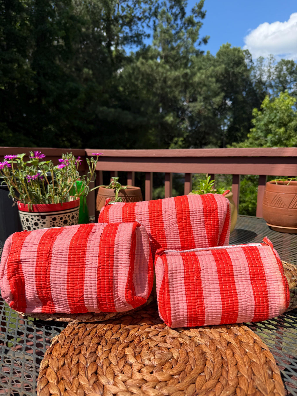 Quilted Cotton Handblock Printed Travel Pouches , Makeup Organizer - Red & Peach